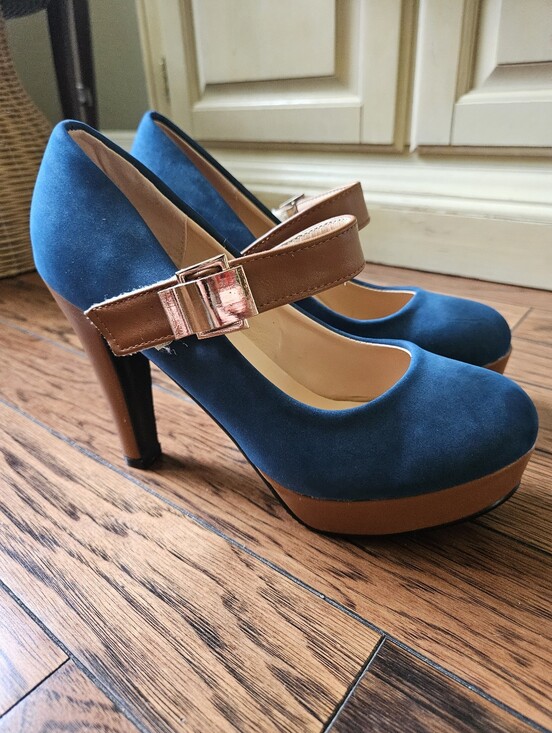 Shoes - Classic Navy Mary Jane Platform Heels with Brown Strap